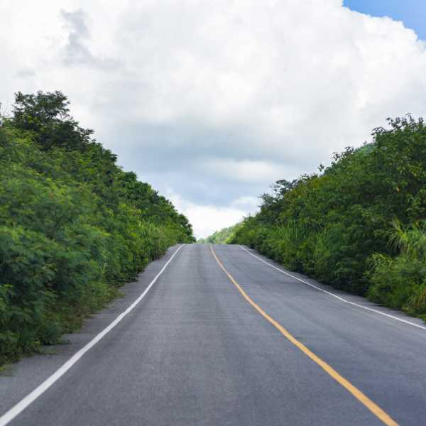 Empty winding road through green hills